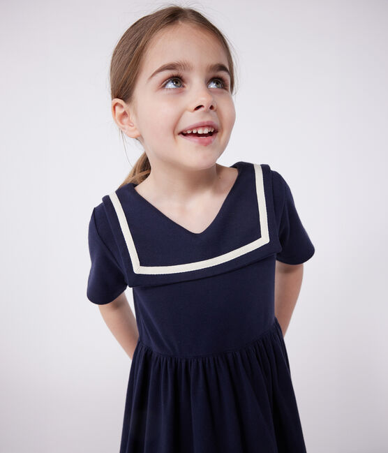 Robe enfant en coton manches courtes unie bleu SMOKING