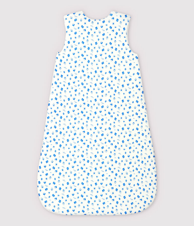 Babyboottrappelzak van biologisch katoen wit/blauw