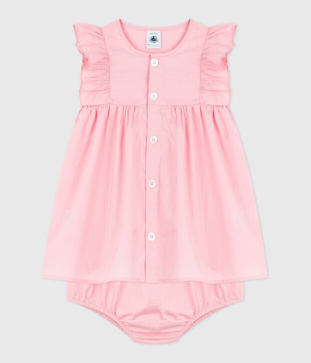 Robe b&eacute;b&eacute; en coton unie et son bloomer rose