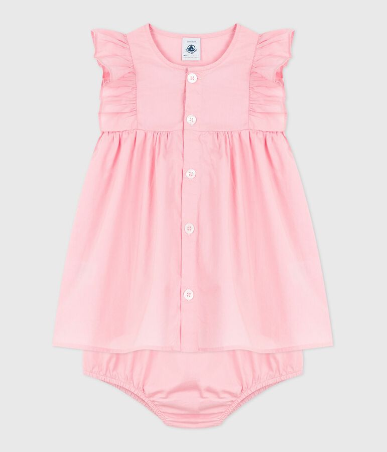 Robe b&eacute;b&eacute; en coton unie et son bloomer rose
