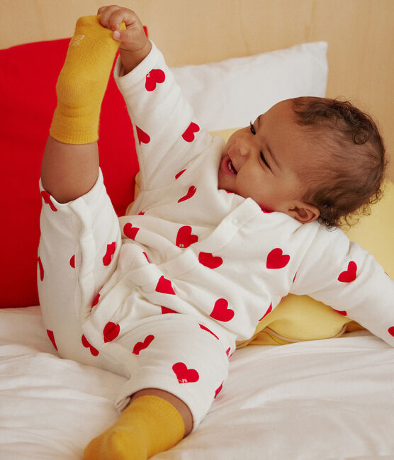 Gewatteerd lang babypakje met kap van katoen wit MARSHMALLOW/rood TERKUIT