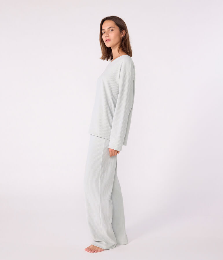 Pyjama femme en velours uni jambe droite bleu