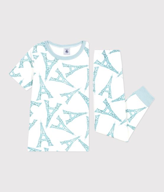 Pyjama enfant en coton manches courtes jambes longues Tour Eiffel blanc MARSHMALLOW/blanc MULTICO