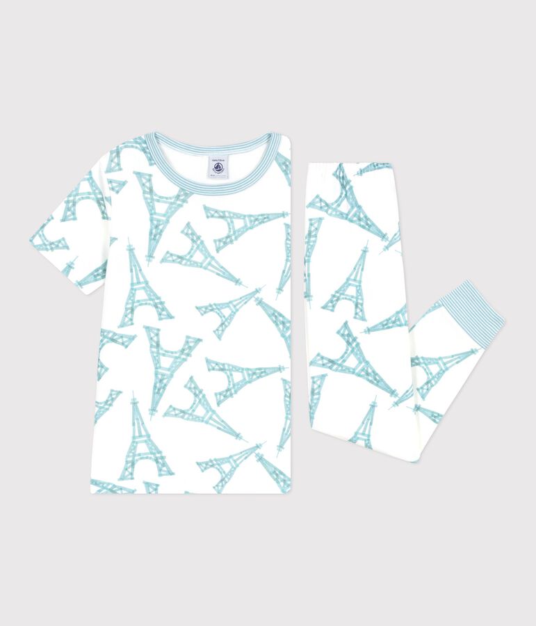 Pyjama enfant en coton manches courtes jambes longues Tour Eiffel blanc/multicouleur