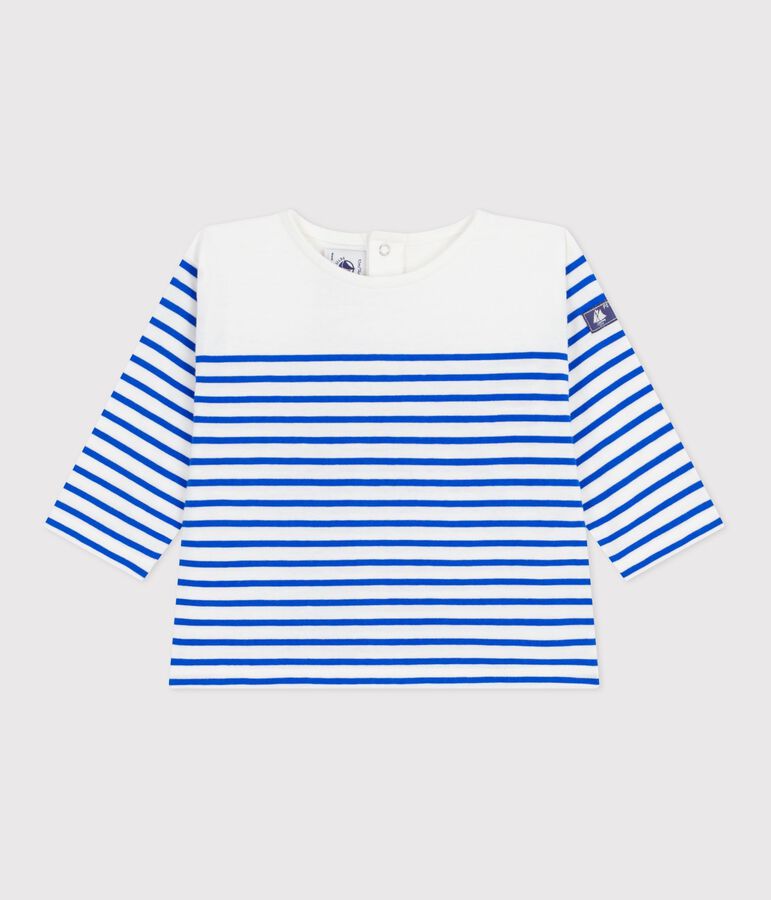Katoenen baby-T-shirt met lange mouwen en matrozenstreepje wit MARSHMALLOW/blauw PERSE