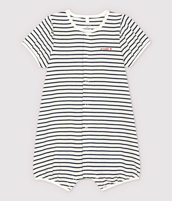Gestreepte playsuit Je t'aime voor baby's, van biologisch katoen wit MARSHMALLOW/blauw SMOKING
