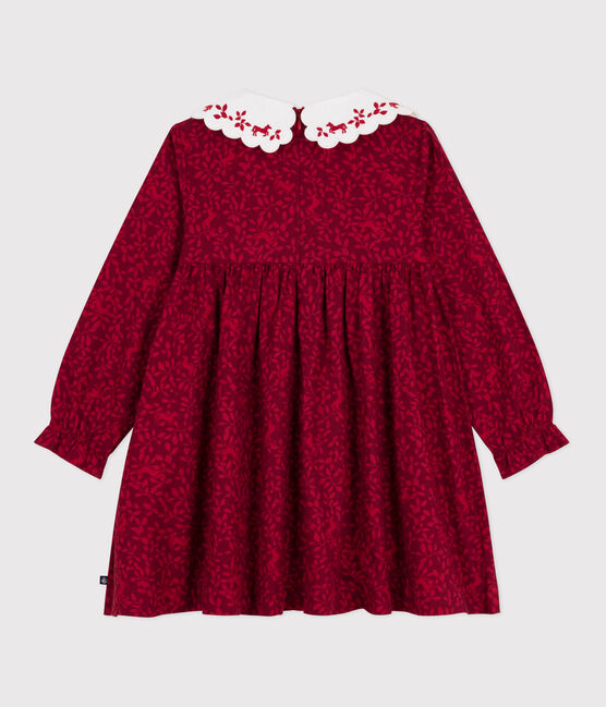 Flanellen kinderjurkje met lange mouw met print rood AMARANTE/ TERKUIT