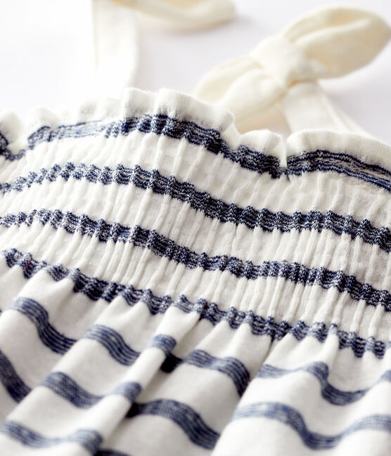 Korte gestreepte katoenen/linnen jumpsuit voor meisjes wit MARSHMALLOW/blauw MEDIEVAL