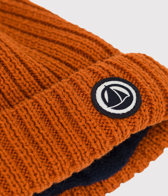 Bonnet bébé en tricot doublé en polaire recyclée marron RUSTY