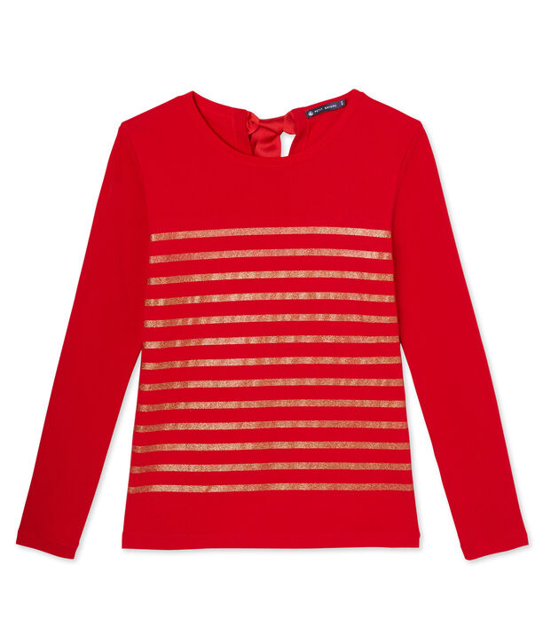 Dames-T-shirt met strepen/pailletten rood