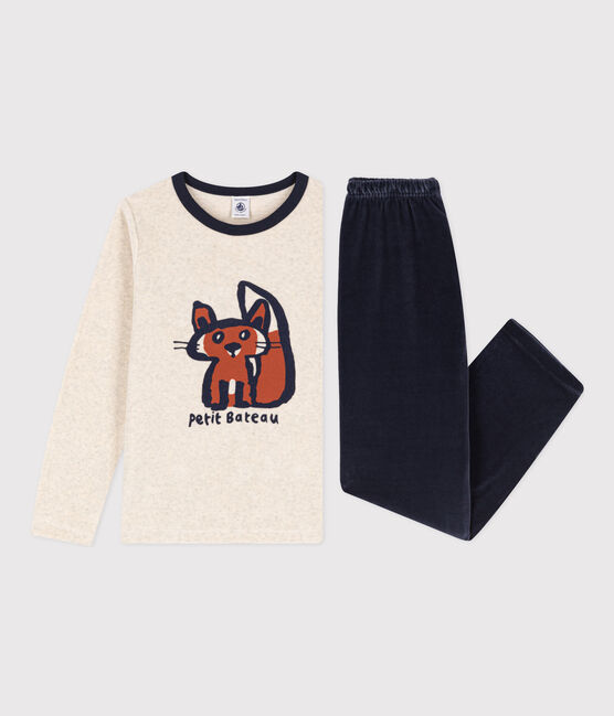 Fluwelen pyjama met vosprint voor meisjes/jongens  blauw SMOKING/wit MULTICO