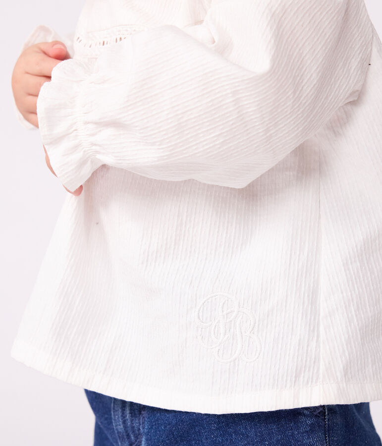 Blouse b&eacute;b&eacute; en popeline de coton manches longues, &agrave; col et brod&eacute;e blanc