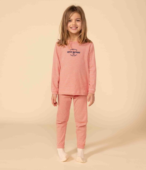 Pyjama ray&eacute; en coton enfant orange/blanc