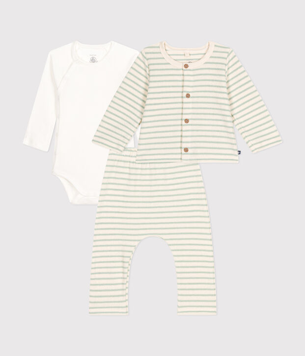 Ensemble 3 pi&egrave;ces en bouclette &eacute;ponge b&eacute;b&eacute; &eacute;cru/vert