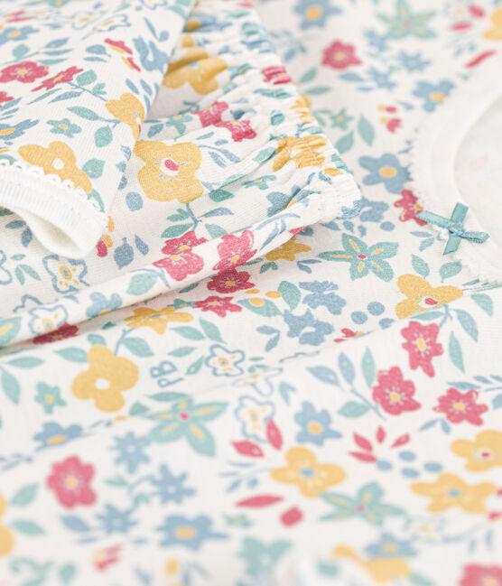 Meisjespyjama met bloemenprint in katoen wit MARSHMALLOW/wit MULTICO