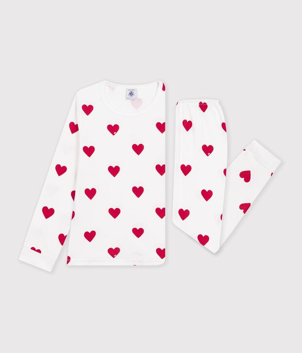 Pyjama enfant en coton mixte imprim&eacute; c&oelig;urs blanc/rouge