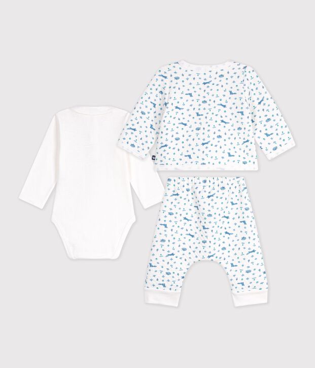 Katoenen babysetje met kraagje met vosprint wit/multicouleur