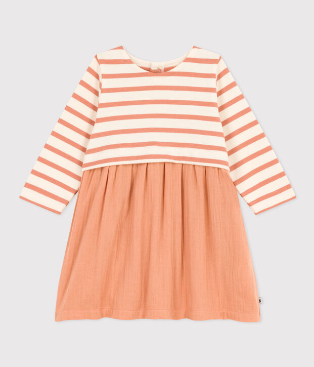 Jurk met lange mouwen van twee materialen voor baby's roze/ecru