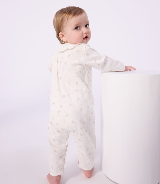 Babypyjama van opengewerkte katoen zonder voetjes met kraag met bloemenprint wit/multicouleur
