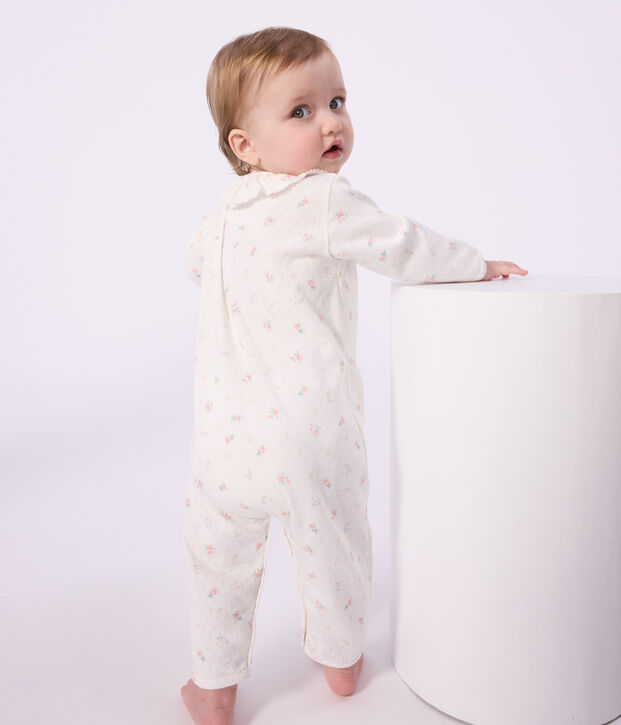 Pyjama b&eacute;b&eacute; en coton ajour&eacute; sans pieds avec col imprim&eacute; fleuri blanc/multicouleur