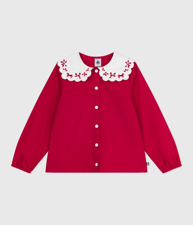 Blouse enfant en popeline de coton manches longues imprim&eacute;e rouge