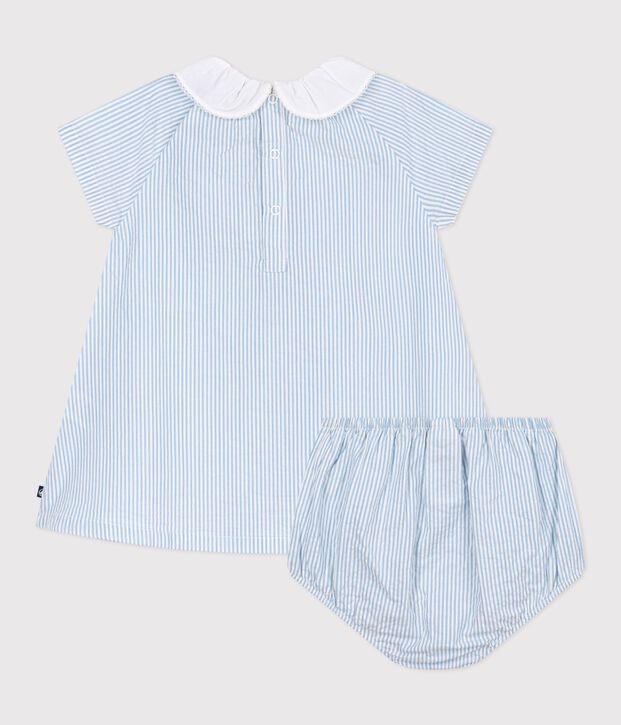 Robe b&eacute;b&eacute; en coton manches courtes et son bloomer, ray&eacute;s bleu/bleu