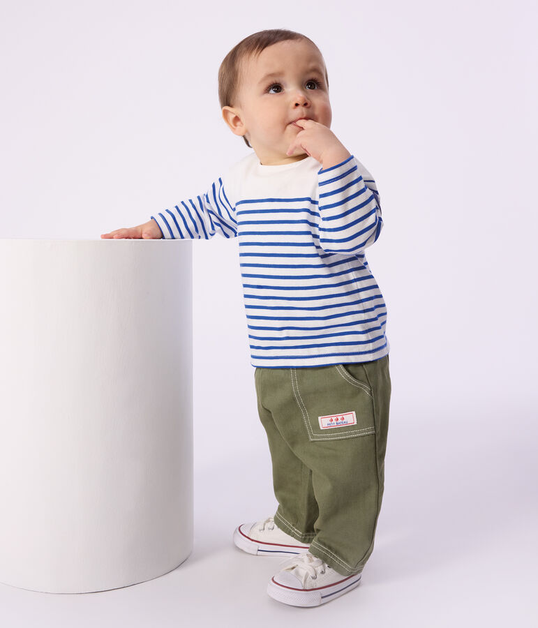 Katoenen baby-T-shirt met lange mouwen en matrozenstreepje wit MARSHMALLOW/blauw PERSE