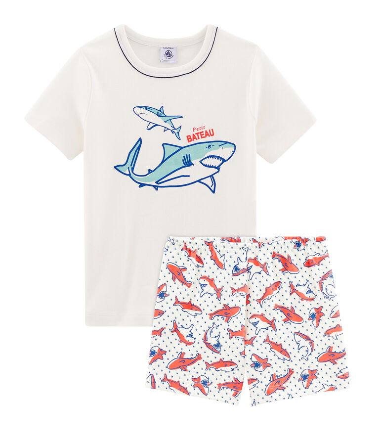 Korte pyjama van gebreide stof voor jongentjes wit MARSHMALLOW/wit MULTICO