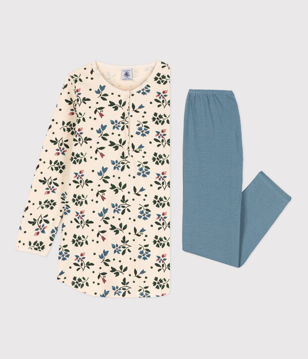 Nachthemd en legging met bloemen voor meisjes in molton en katoen ecru/multicouleur