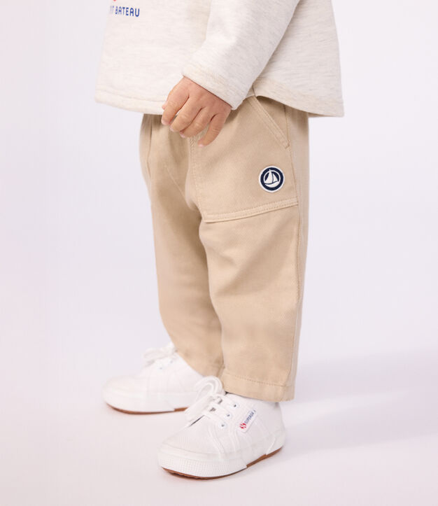 Pantalon b&eacute;b&eacute; en coton uni avec badge, style cargo beige
