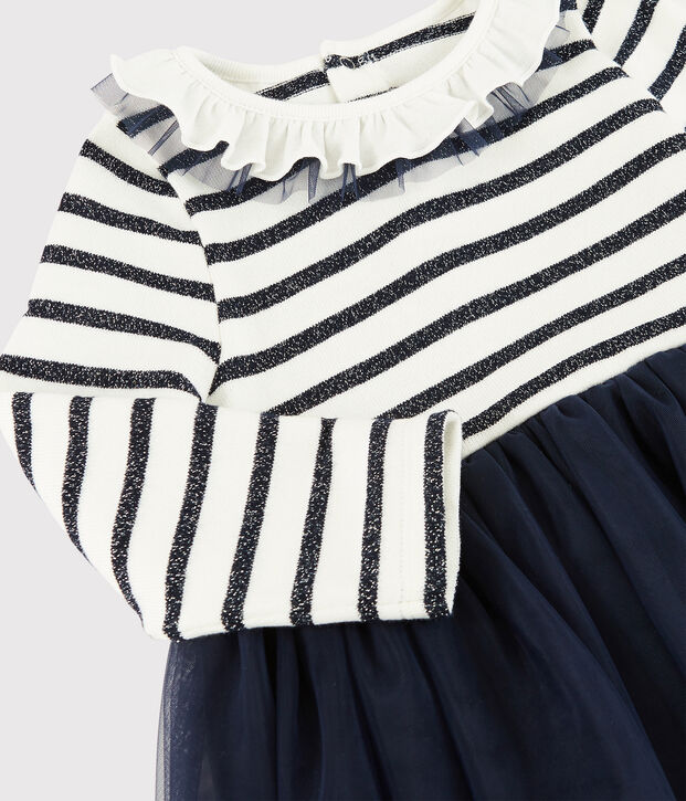 Jurk met lange mouwen babymeisje wit/SMOKING ARGENT BRILLANT