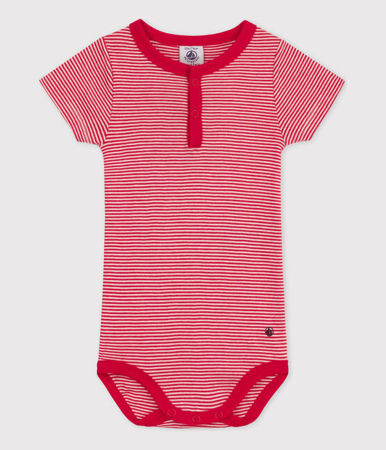 Katoenen body met korte mouwen en 'milleraies'-streepjes voor baby's rood CORRIDA/wit MARSHMALLOW
