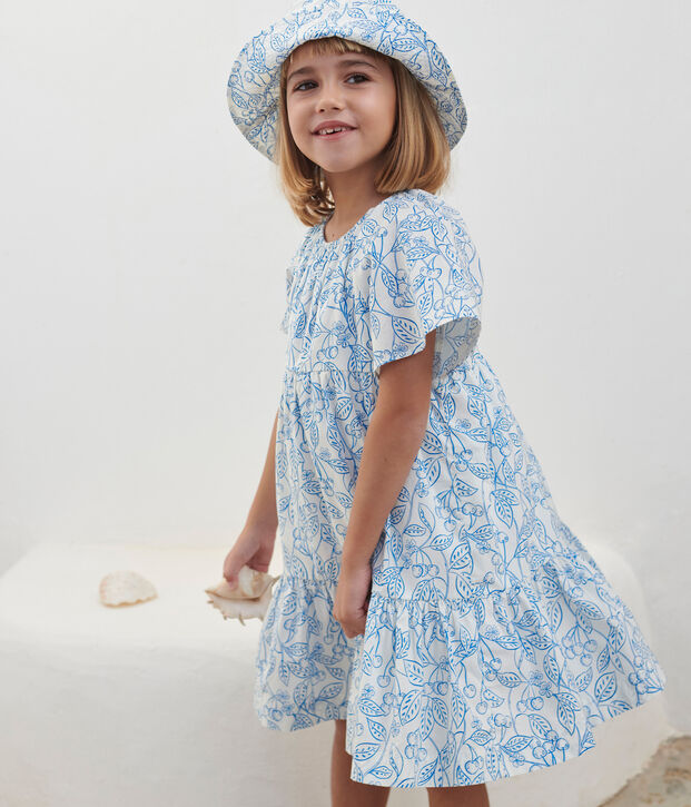 Robe enfant en coton manches courtes imprim&eacute; bleu/bleu