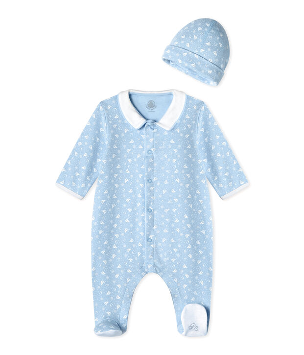 Dors bien b&eacute;b&eacute; et son bonnet de naissance bleu/blanc