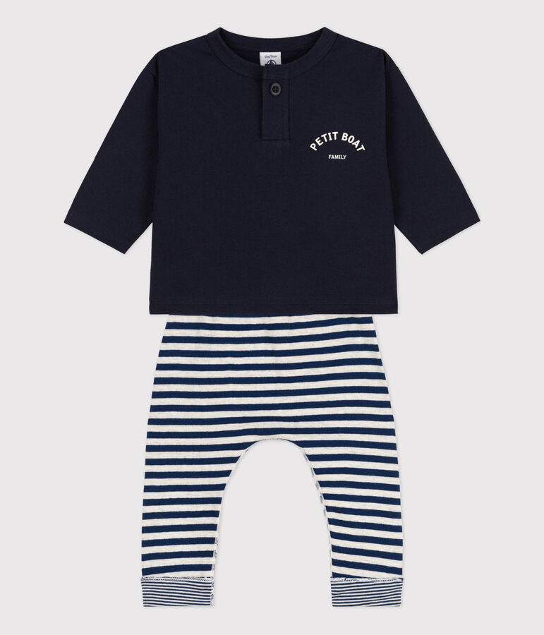 Ensemble cadeau b&eacute;b&eacute; : tee-shirt et pantalon bleu/blanc