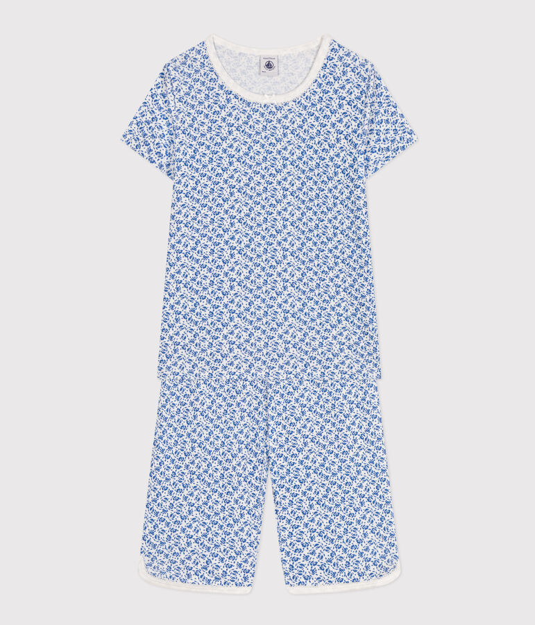 Pyjama capri imprim&eacute; fleur en coton enfant blanc/bleu