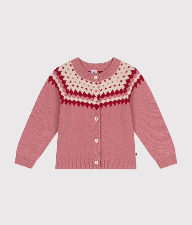 Cardigan jacquard laine et coton enfant fille rose/&eacute;cru