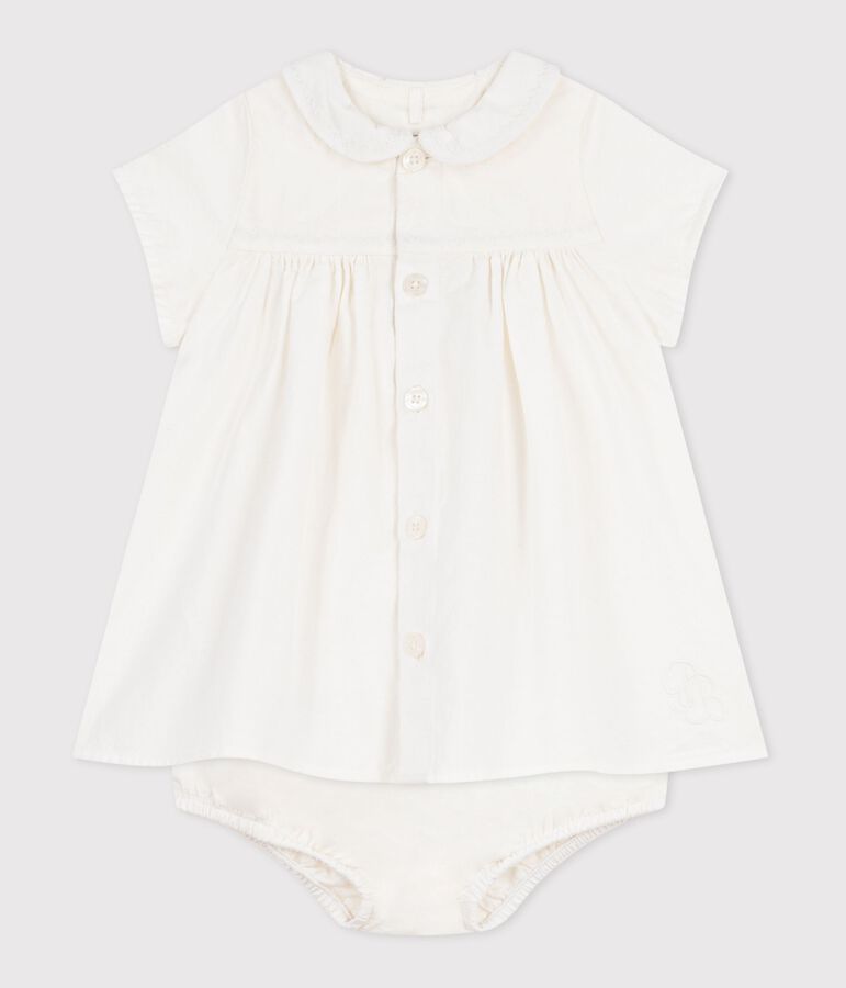 Robe b&eacute;b&eacute; en coton/lin avec son bloomer, avec d&eacute;tail brod&eacute; blanc MARSHMALLOW