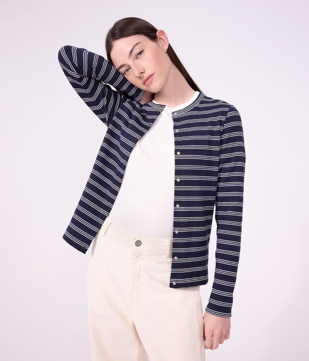 Cardigan femme en coton &agrave; rayures bleu/blanc