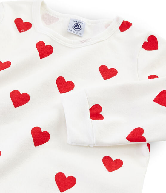 Pyjama coeur petite fille en molleton blanc MARSHMALLOW/rouge TERKUIT