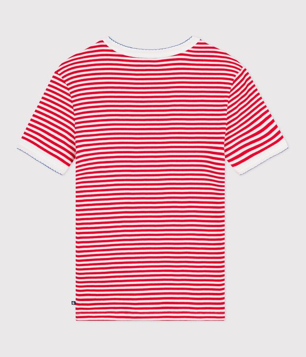 Dames-T-shirt van gestreept katoen met korte mouwen rood/wit