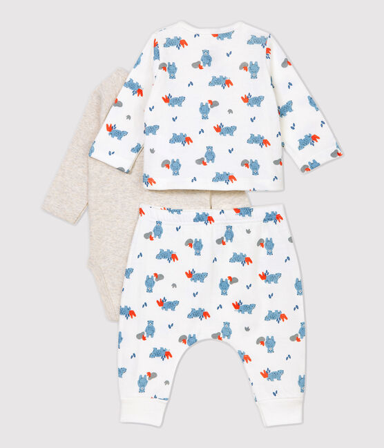 Driedelige set met berenprint van biologisch katoen wit MARSHMALLOW/wit MULTICO