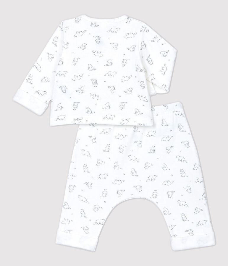 Ensemble 2 pi&egrave;ces imprim&eacute; marmottes b&eacute;b&eacute; en coton biologique blanc MARSHMALLOW/gris GRIS