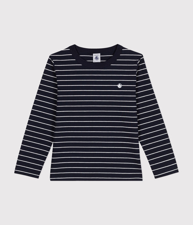 Tee-shirt manches longues en coton enfant gar&ccedil;on bleu/blanc