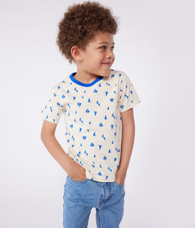 Tee-shirt enfant en coton manches courtes imprim&eacute; &eacute;cru/bleu