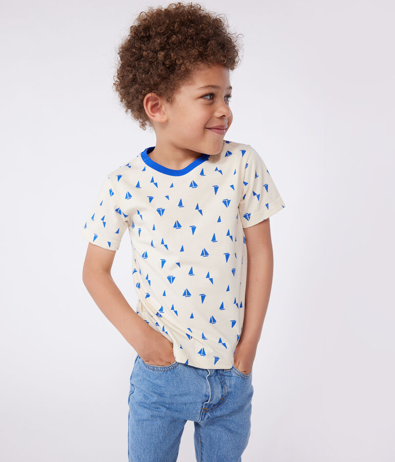 Katoenen T-shirt met korte mouwen en print voor kinderen ecru/blauw