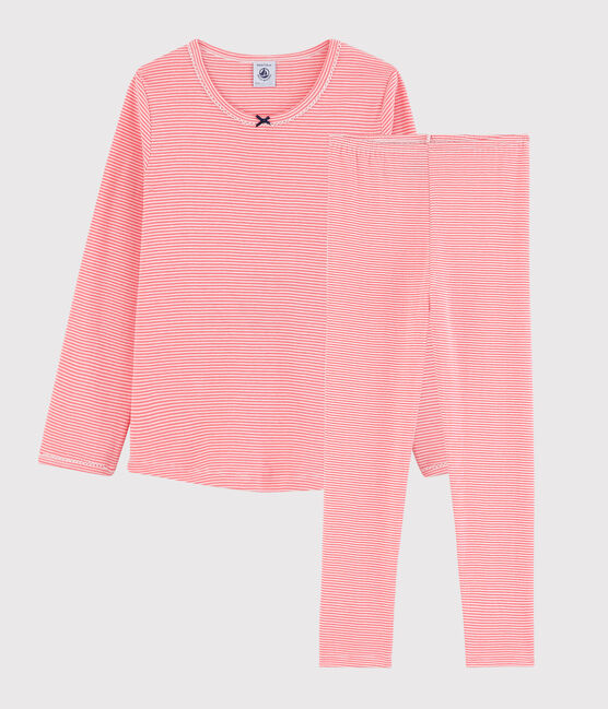 Gestreepte milleraie katoenen pyjama voor meisjes roze PEACHY/wit MARSHMALLOW