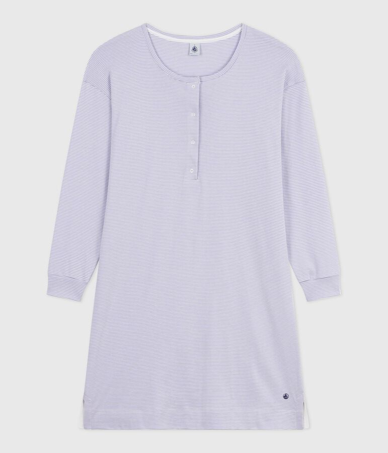 Chemise de nuit femme en coton &agrave; rayures violet/blanc