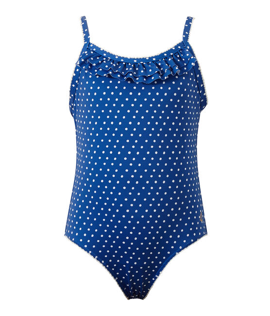 Maillot de bain fille 1 pièce à pois bleu PERSE/blanc MARSHMALLOW
