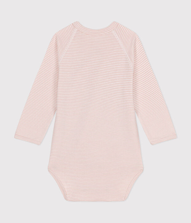 Body crois&eacute;s manches longues en coton b&eacute;b&eacute; rose/blanc